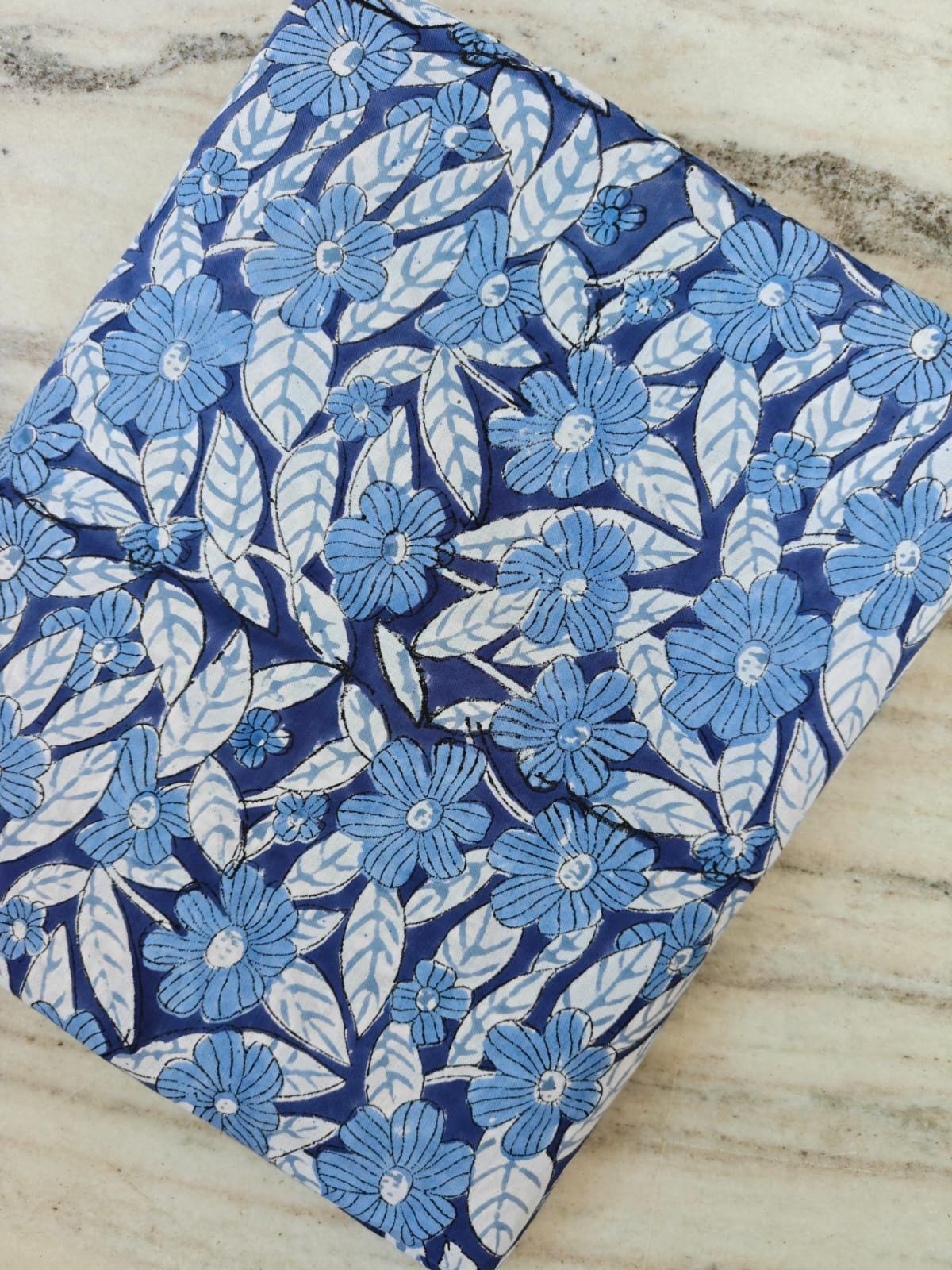 Blue Floral Cotton Fabric by Yard Hand Block Print Fabric Indian Cotton Fabric Flower Print Fabric for Sewing Quilting Dresses Craft Fabric