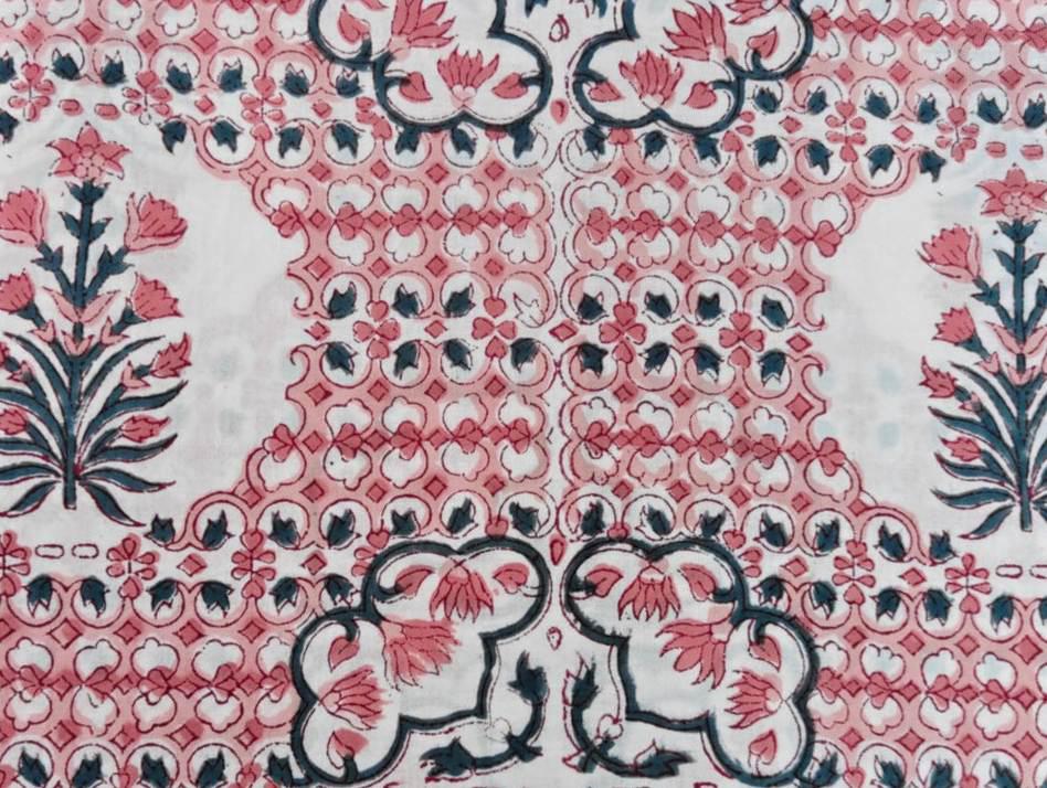 Hand Block Print Cotton Fabric by The Yard, Pink Floral Indian Cotton Fabric, Soft Lightweight Sewing Fabric for Dresses Making Loose Fabric