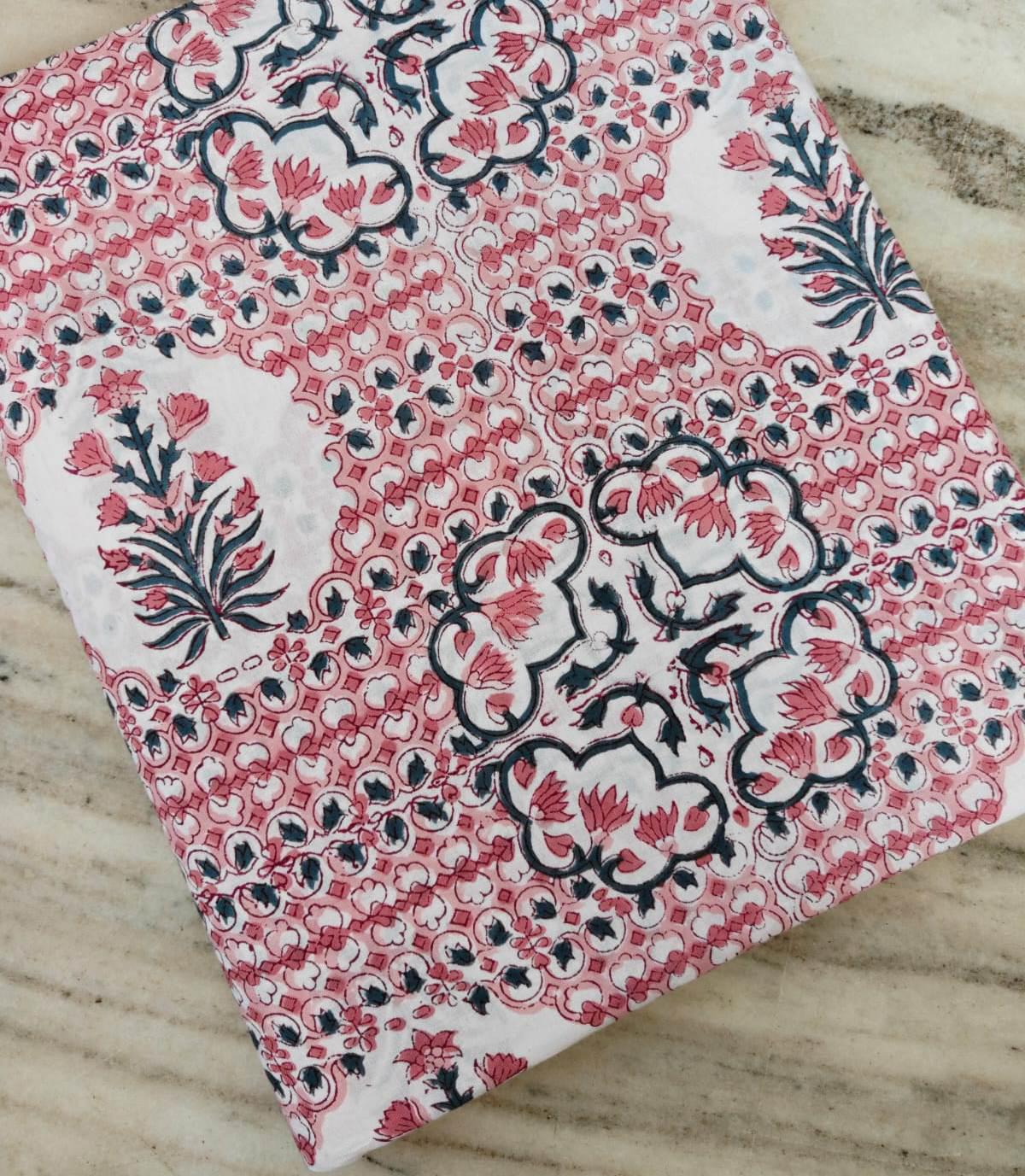Hand Block Print Cotton Fabric by The Yard, Pink Floral Indian Cotton Fabric, Soft Lightweight Sewing Fabric for Dresses Making Loose Fabric