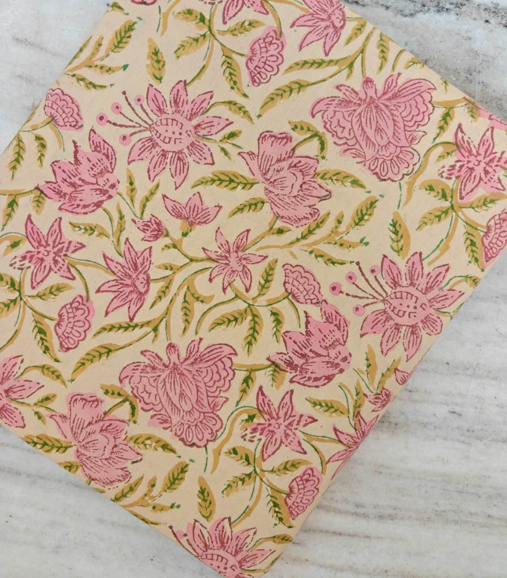 Floral Cotton Fabric by Yard, Beige Pink Block Print Cotton Fabric, Soft Indian Fabric for Sewing Quilting Dresses and Crafts Running Fabric
