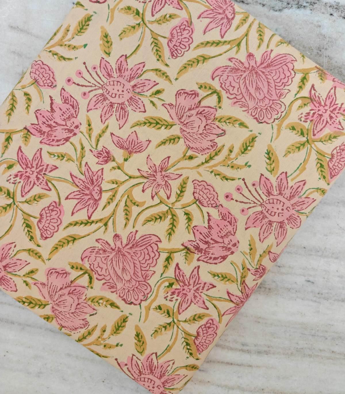 Floral Cotton Fabric by Yard, Beige Pink Block Print Cotton Fabric, Soft Indian Fabric for Sewing Quilting Dresses and Crafts Running Fabric
