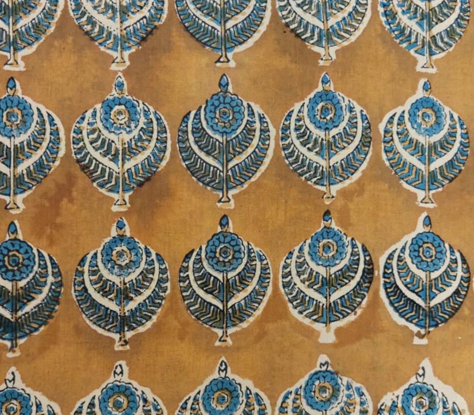 Hand Block Print Cotton Fabric by Yard, Mustard Blue Floral Boota Fabric, Indian Cotton Fabric, Handmade Fabric for Sewing Dresses Crafts
