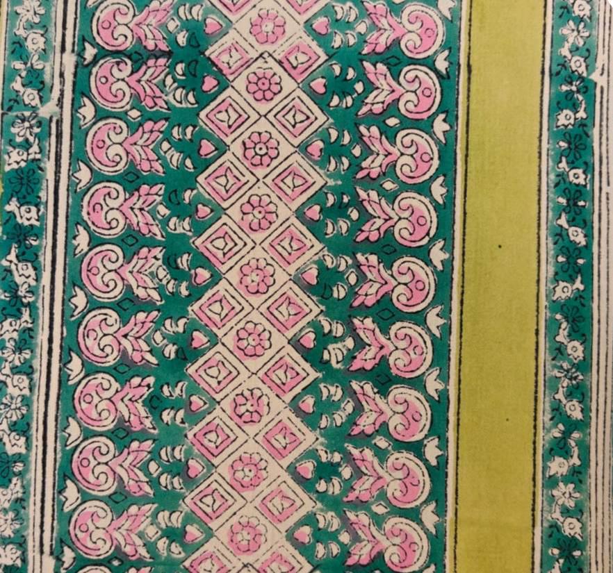 Hand Block Print Cotton Fabric by Yard, Green Pink Border Print Fabric, Indian Floral Cotton Fabric, Boho Fabric for Sewing Quilting Crafts