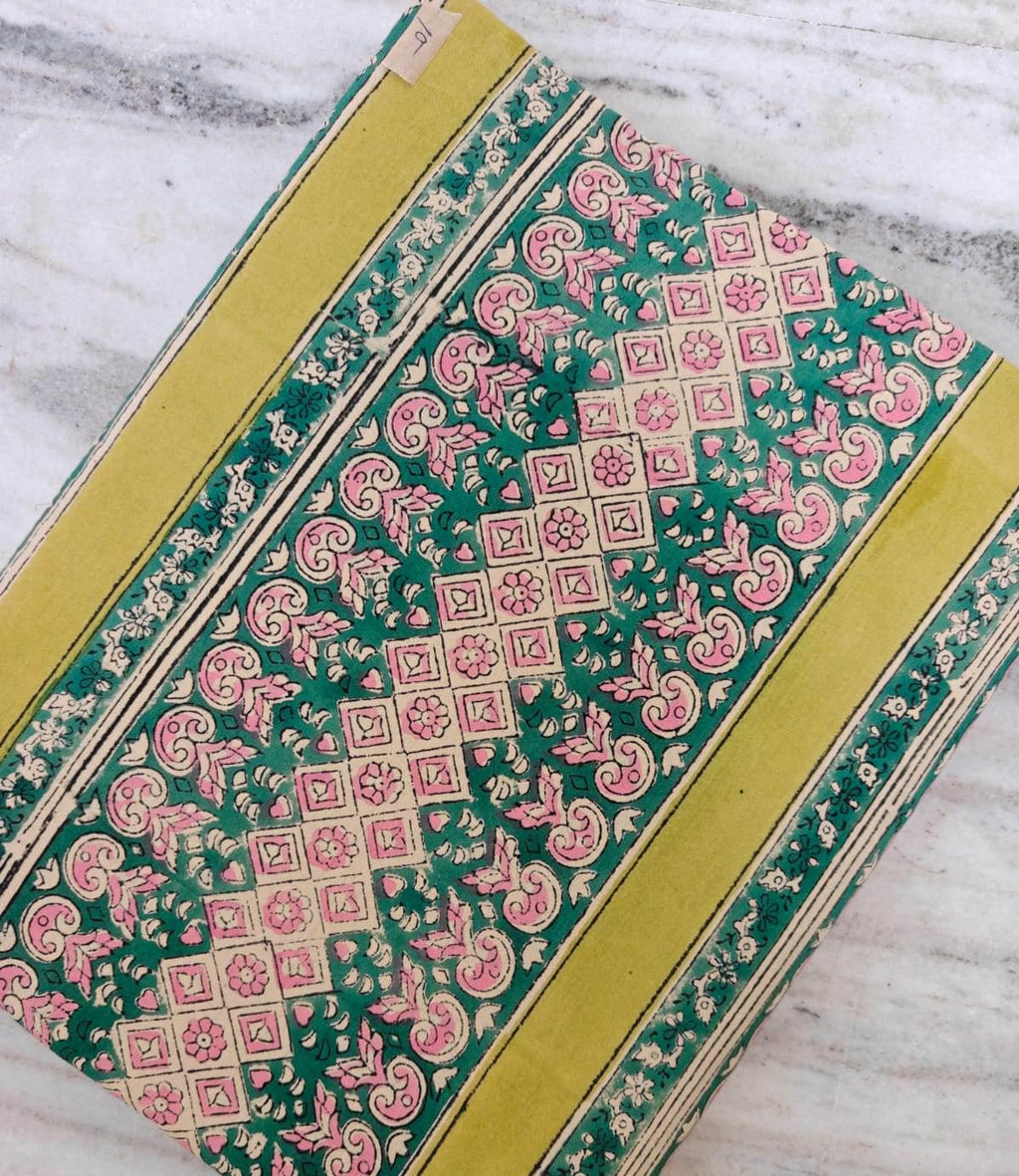 Hand Block Print Cotton Fabric by Yard, Green Pink Border Print Fabric, Indian Floral Cotton Fabric, Boho Fabric for Sewing Quilting Crafts