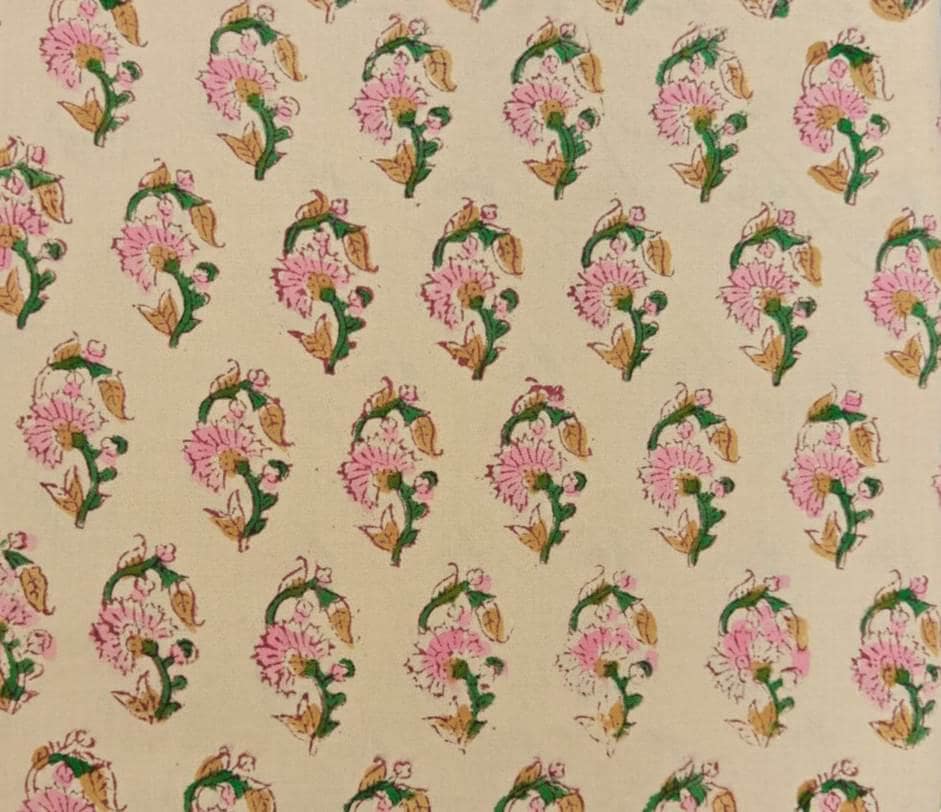 Hand Block Print Cotton Fabric by Yard, Pink Floral Booti Cotton Fabric, Indian Handmade Fabric for Sewing Quilting Dresses and Crafts