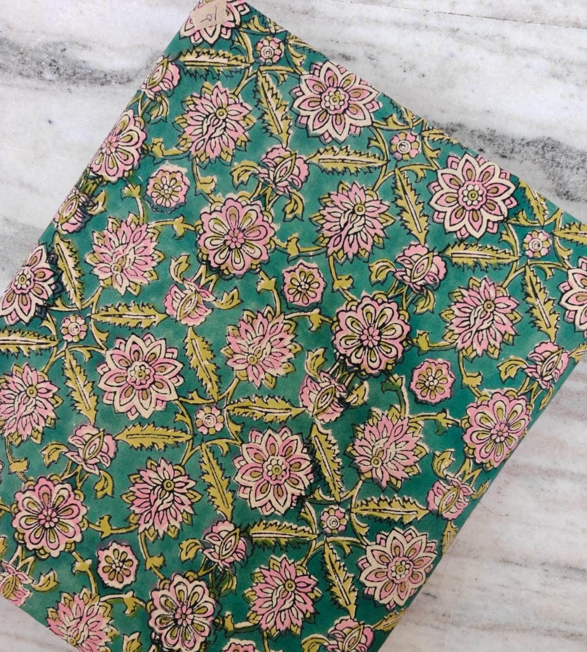 Teal Pink Floral Cotton Fabric by Yard, Indian Block Print Fabric, Boho Botanical Cotton for Sewing Quilting Dressmaking Crafts, Napkins