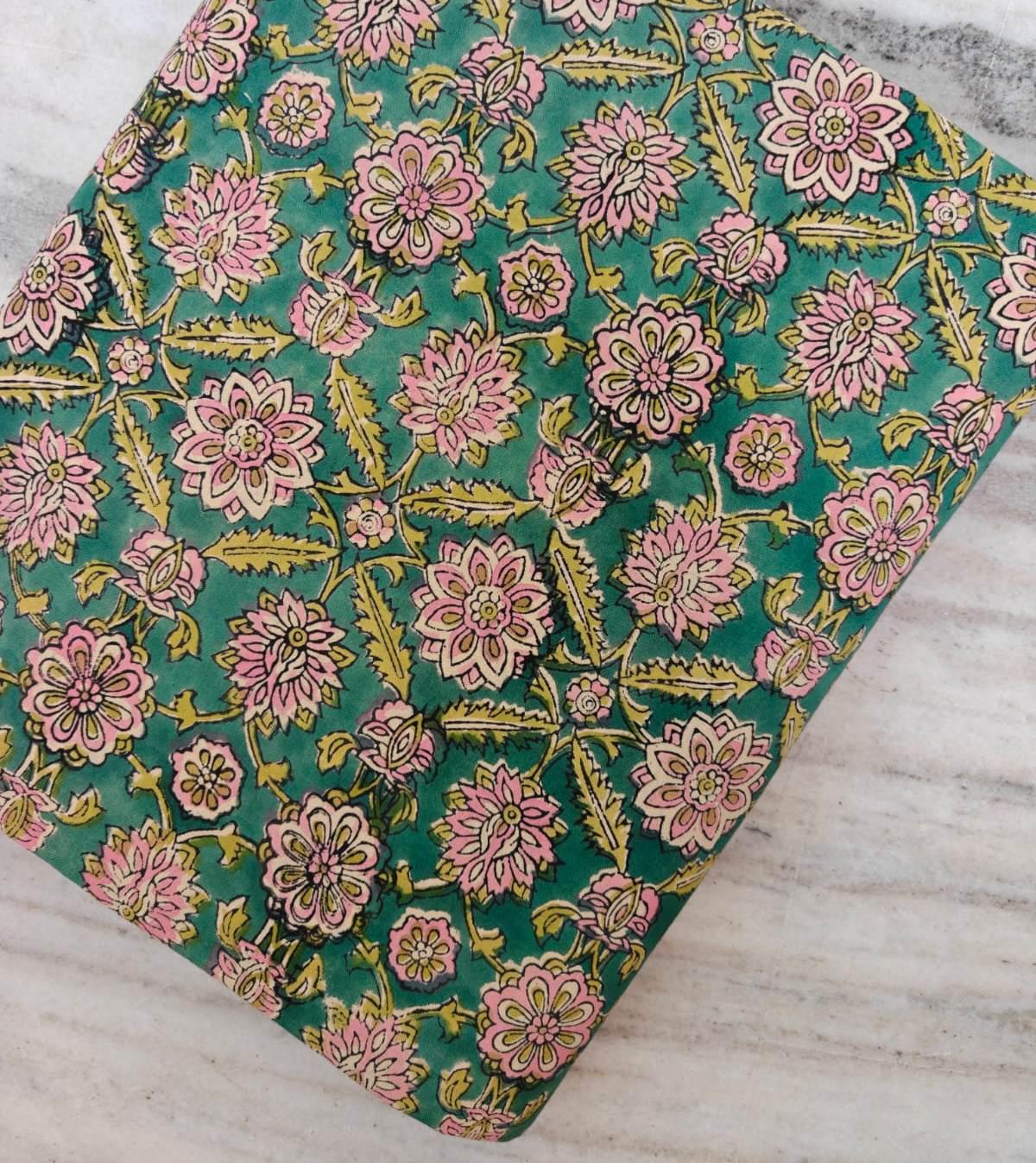 Teal Pink Floral Cotton Fabric by Yard, Indian Block Print Fabric, Boho Botanical Cotton for Sewing Quilting Dressmaking Crafts, Napkins