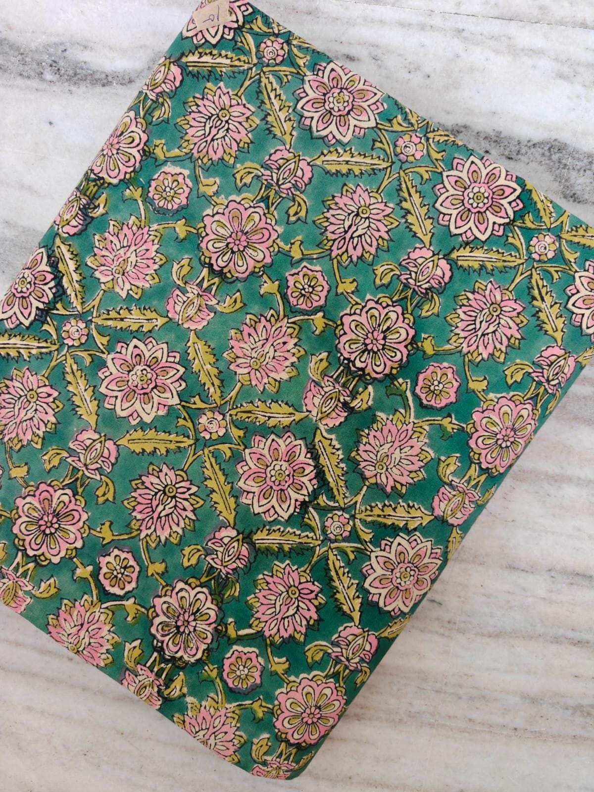 Teal Pink Floral Cotton Fabric by Yard, Indian Block Print Fabric, Boho Botanical Cotton for Sewing Quilting Dressmaking Crafts, Napkins