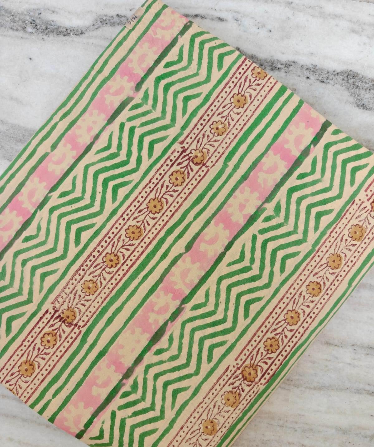 Green Pink Striped Cotton Fabric by Yard, Hand Block Print Indian Fabric, Boho Geometric Floral Cotton for Sewing Quilting Crafts