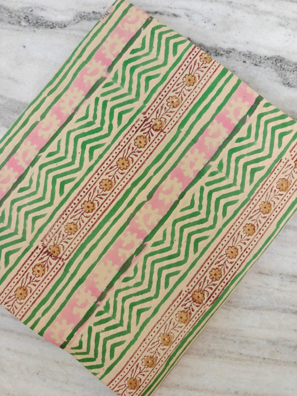 Green Pink Striped Cotton Fabric by Yard, Hand Block Print Indian Fabric, Boho Geometric Floral Cotton for Sewing Quilting Crafts