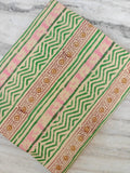Green Pink Striped Cotton Fabric by Yard, Hand Block Print Indian Fabric, Boho Geometric Floral Cotton for Sewing Quilting Crafts