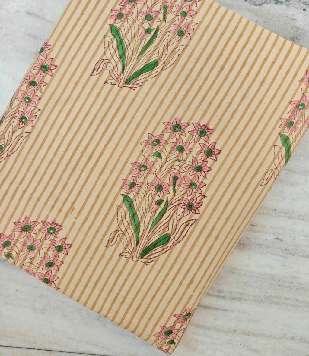 Hand Block Print Cotton Fabric | Beige Stripe Floral Cotton Fabric | Soft Lightweight Craft & Apparel Fabric, Loose Running Fabric, Napkins