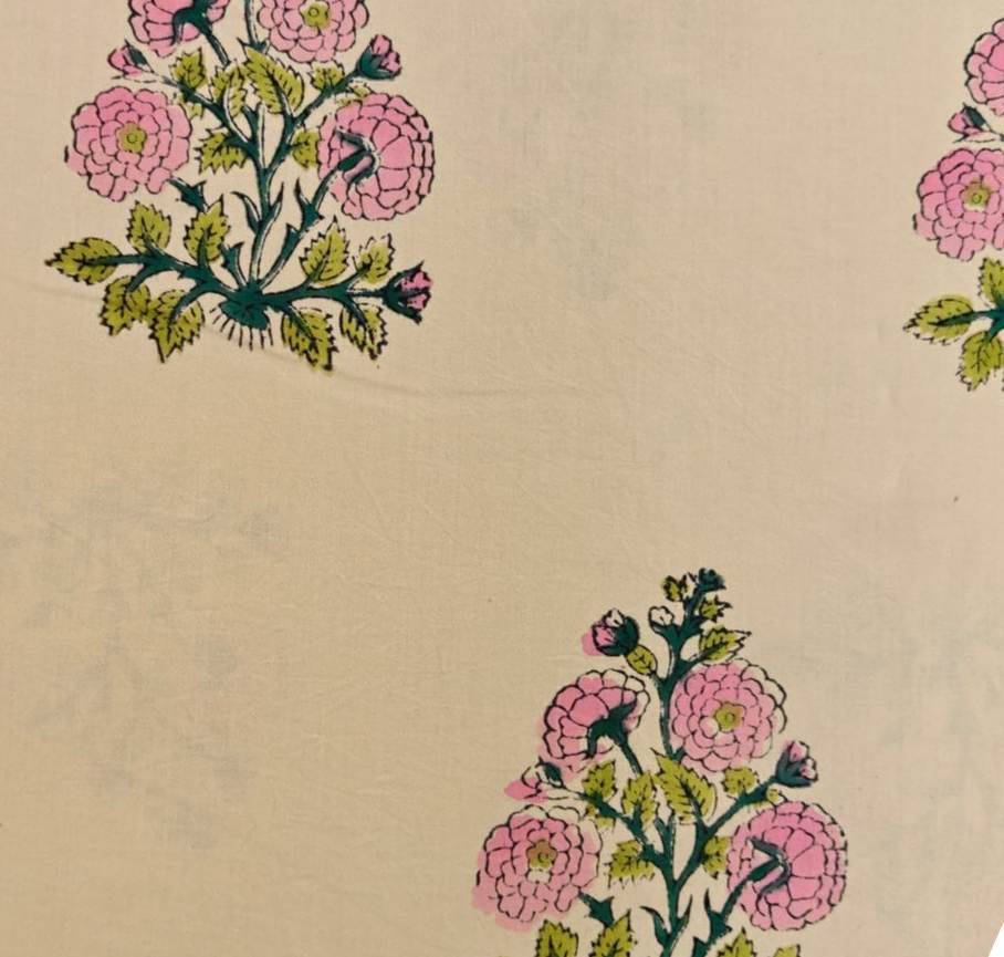 Hand Block Print Cotton Fabric, Beige Floral Cotton Fabric, Soft Indian Printed Fabric for Dresses, Quilting & Crafts, Table Cover, Napkins