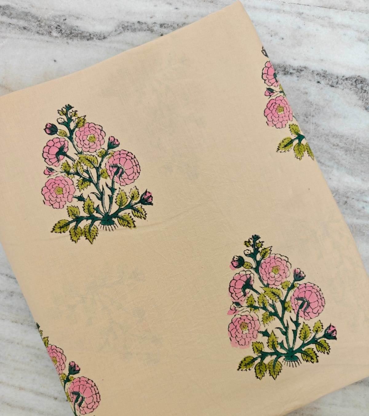 Hand Block Print Cotton Fabric, Beige Floral Cotton Fabric, Soft Indian Printed Fabric for Dresses, Quilting & Crafts, Table Cover, Napkins