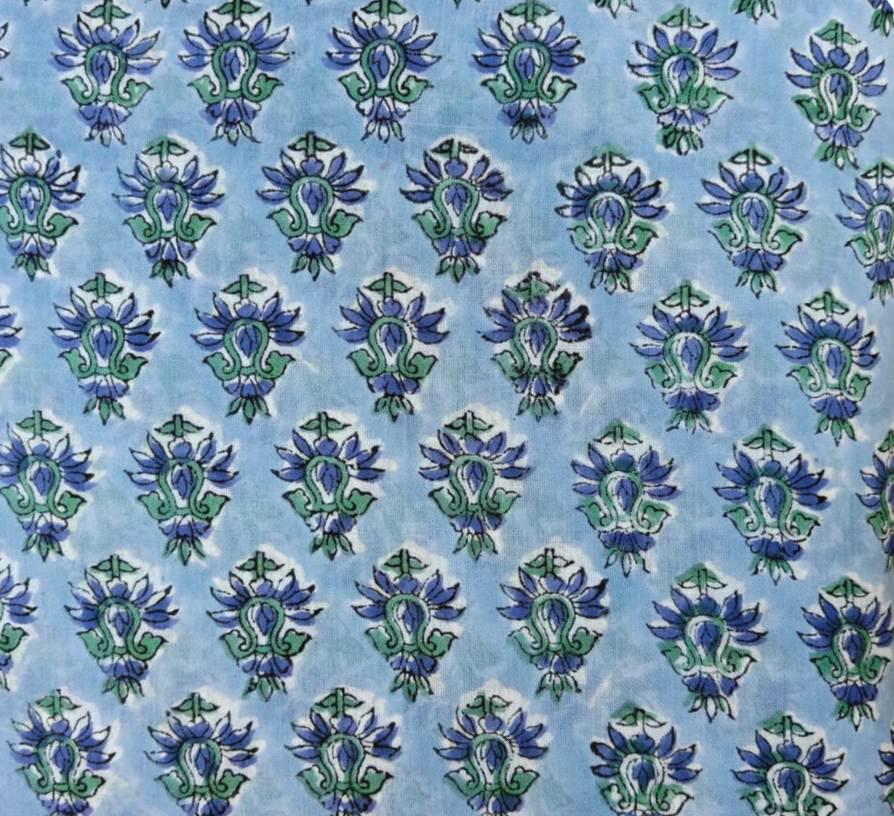 Sky Blue Floral Cotton Fabric by The Yard Indian Hand Block Print Fabric Soft Cotton Dressmaking Fabric Blue Green Boho Fabric for Quilting