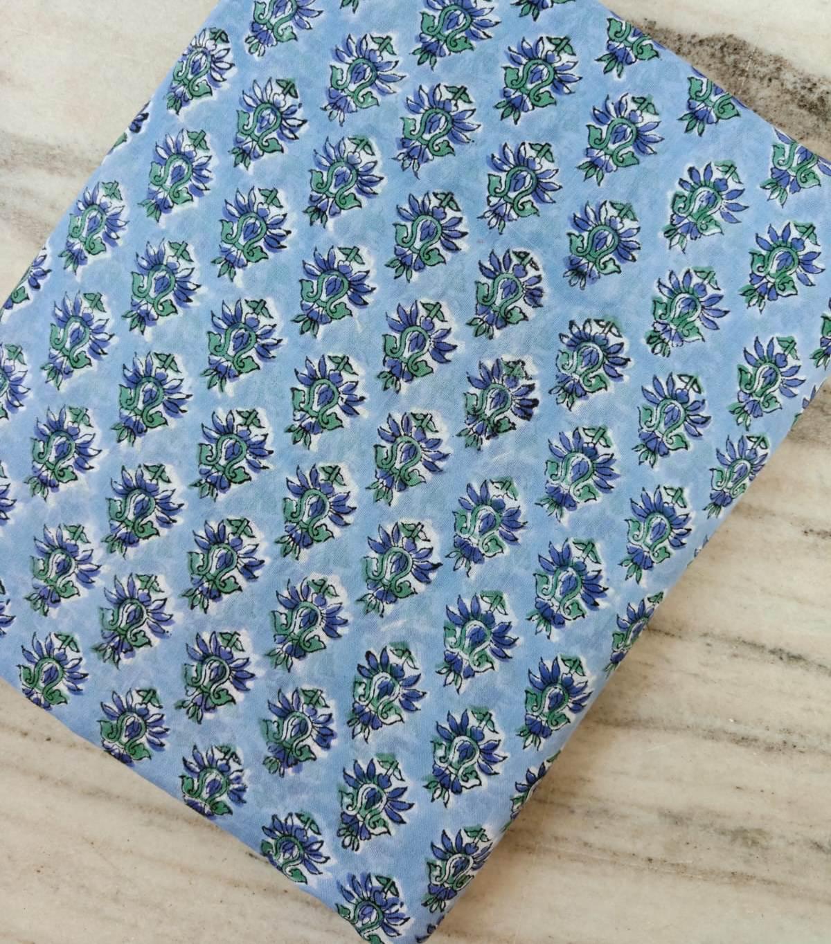 Sky Blue Floral Cotton Fabric by The Yard Indian Hand Block Print Fabric Soft Cotton Dressmaking Fabric Blue Green Boho Fabric for Quilting