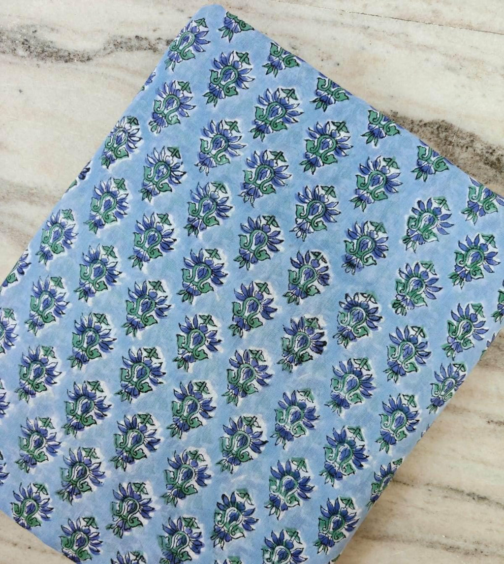 Sky Blue Floral Cotton Fabric by The Yard Indian Hand Block Print Fabric Soft Cotton Dressmaking Fabric Blue Green Boho Fabric for Quilting