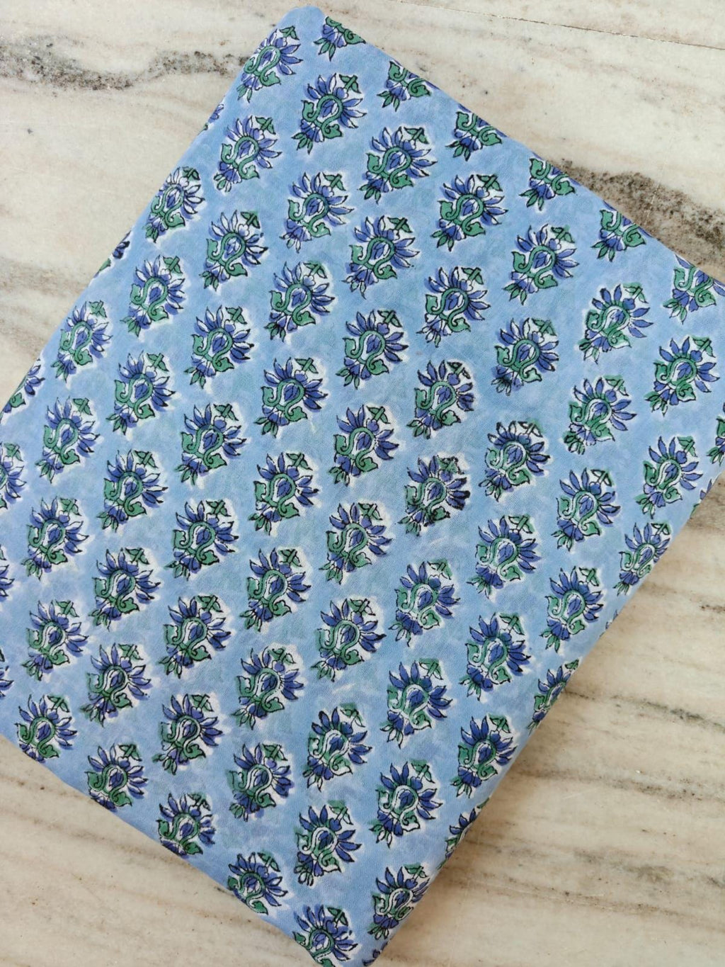 Sky Blue Floral Cotton Fabric by The Yard Indian Hand Block Print Fabric Soft Cotton Dressmaking Fabric Blue Green Boho Fabric for Quilting