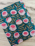 Teal Pink Floral Cotton Fabric by Yard, Hand Block Print Fabric, Indian Cotton Fabric, Boho Flower Fabric, Sewing Quilting Craft Material