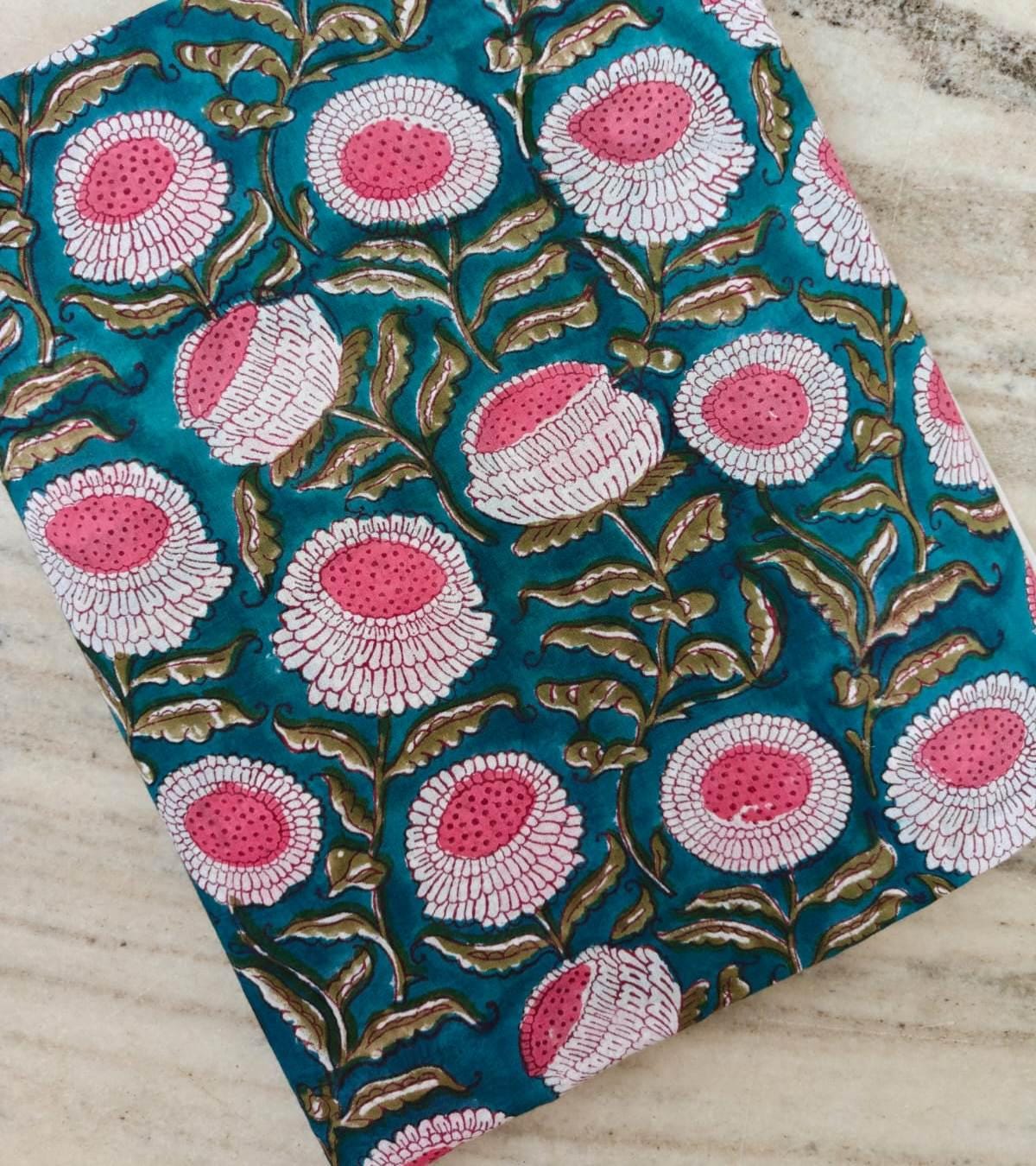 Teal Pink Floral Cotton Fabric by Yard, Hand Block Print Fabric, Indian Cotton Fabric, Boho Flower Fabric, Sewing Quilting Craft Material