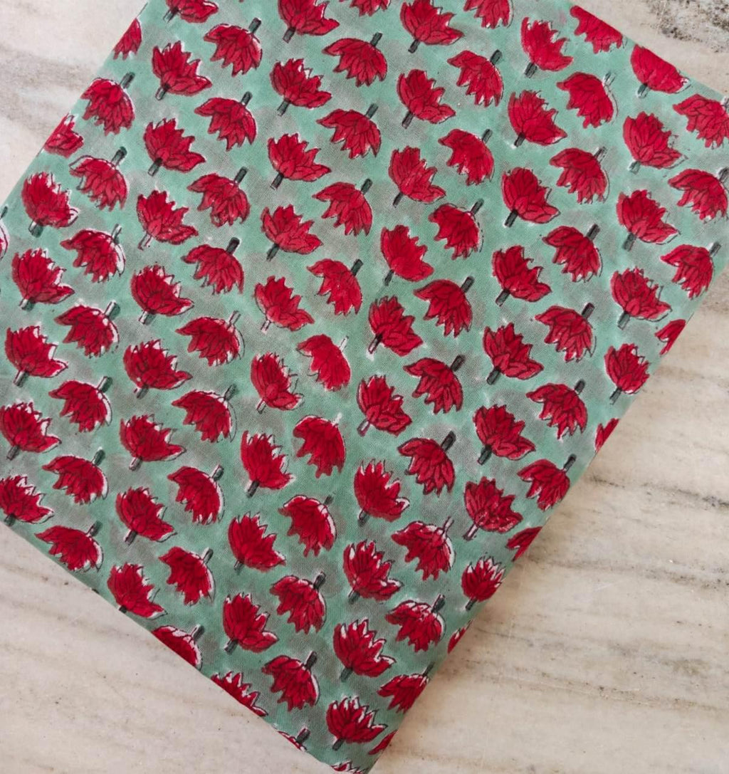 Red Floral Hand Block Print Cotton Fabric by the Yard, Indian Soft Cotton Fabric for Sewing Quilting Dressmaking Napkins Fabric Loose Fabric