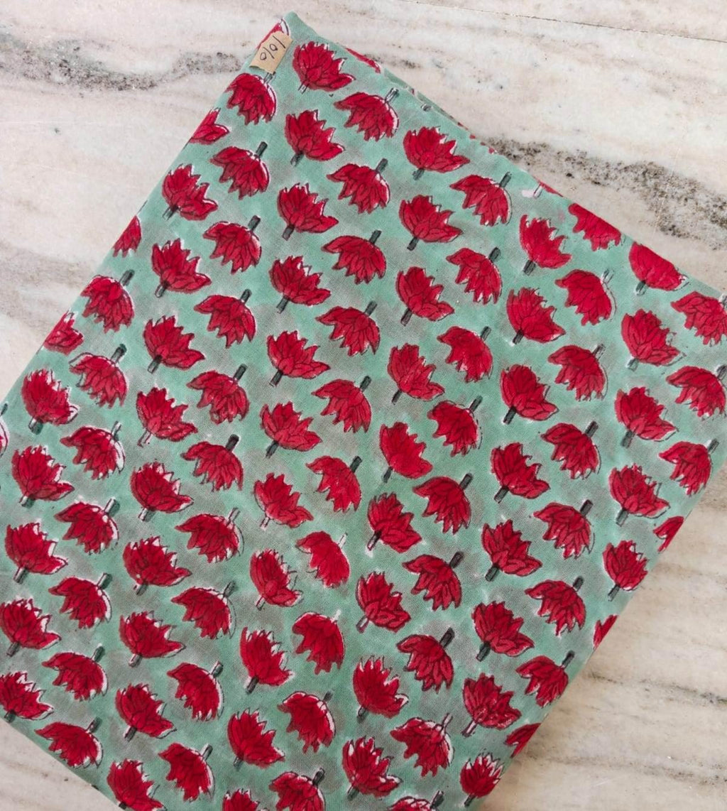 Red Floral Hand Block Print Cotton Fabric by the Yard, Indian Soft Cotton Fabric for Sewing Quilting Dressmaking Napkins Fabric Loose Fabric
