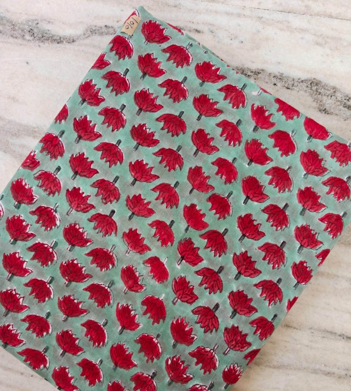 Red Floral Hand Block Print Cotton Fabric by the Yard, Indian Soft Cotton Fabric for Sewing Quilting Dressmaking Napkins Fabric Loose Fabric