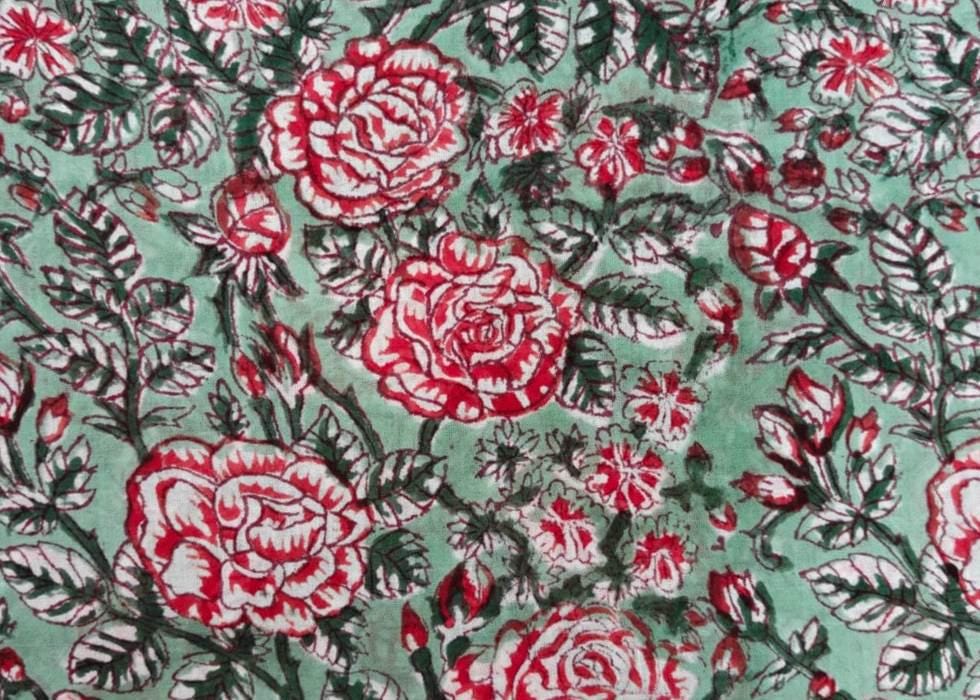 Elegant Mint Green Rose Floral Printed Cotton Fabric – Soft Breathable Botanical Cotton Cloth for Sewing, Dressmaking & Craft Projects