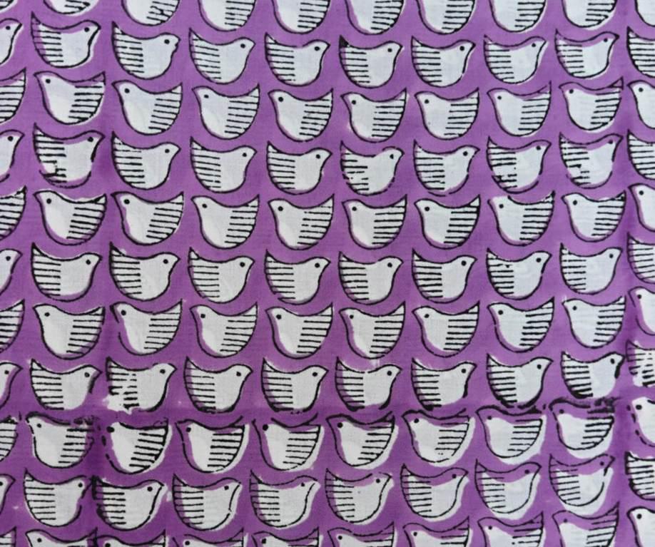 Purple Bird Print Cotton Fabric, Cute Hand Block Printed Cotton Cloth for Quilting, Sewing, Baby Crafts, Dressmaking, Home Decor Fabric