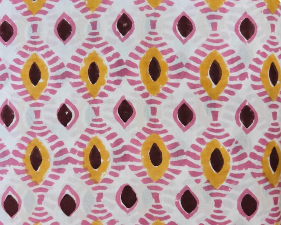 Hand Block Print Cotton Fabric by the Yard, Pink Mustard Geometric Indian Fabric, Boho Cotton Textile for Sewing Quilting Crafts, Napkins