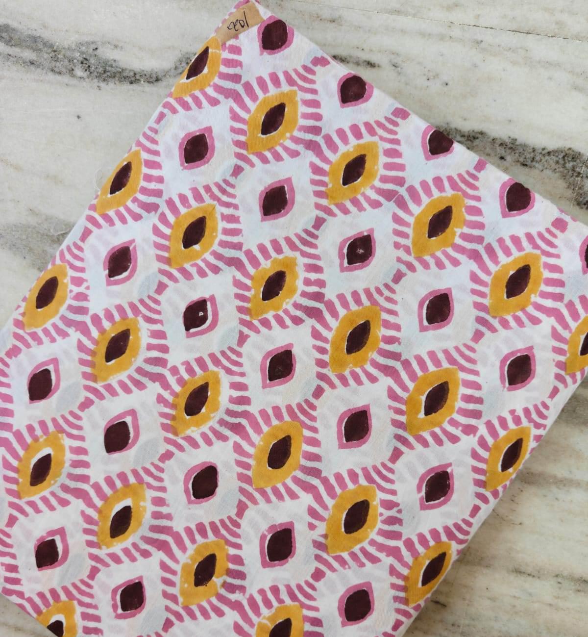 Hand Block Print Cotton Fabric by the Yard, Pink Mustard Geometric Indian Fabric, Boho Cotton Textile for Sewing Quilting Crafts, Napkins