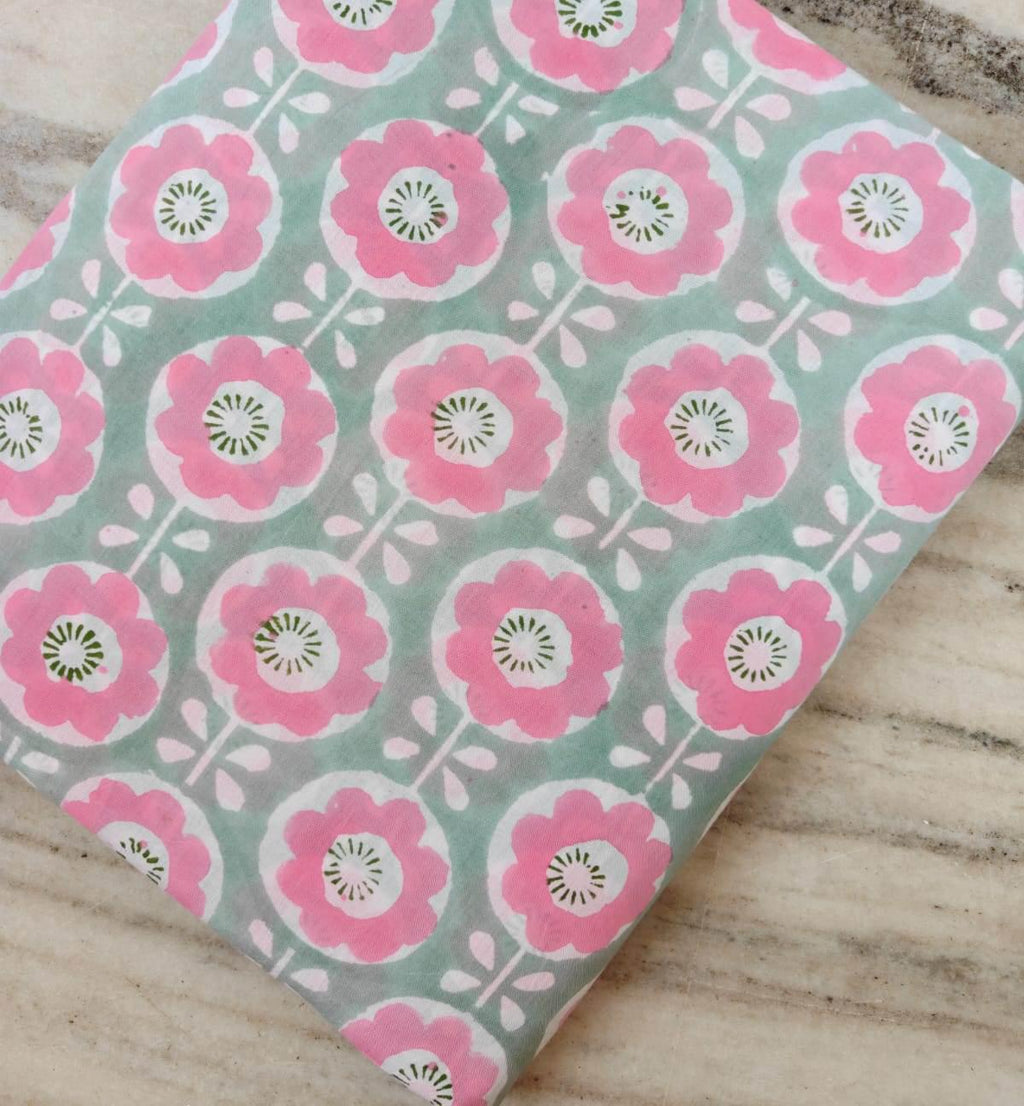 Pink Floral Cotton Fabric by the Yard, Hand Block Print Indian Fabric, Sage Green Boho Cotton Textile for Sewing Quilting Crafts, Home Decor
