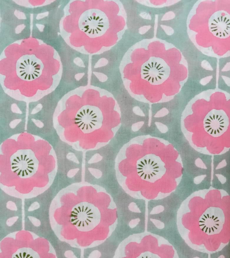 Pink Floral Cotton Fabric by the Yard, Hand Block Print Indian Fabric, Sage Green Boho Cotton Textile for Sewing Quilting Crafts, Home Decor