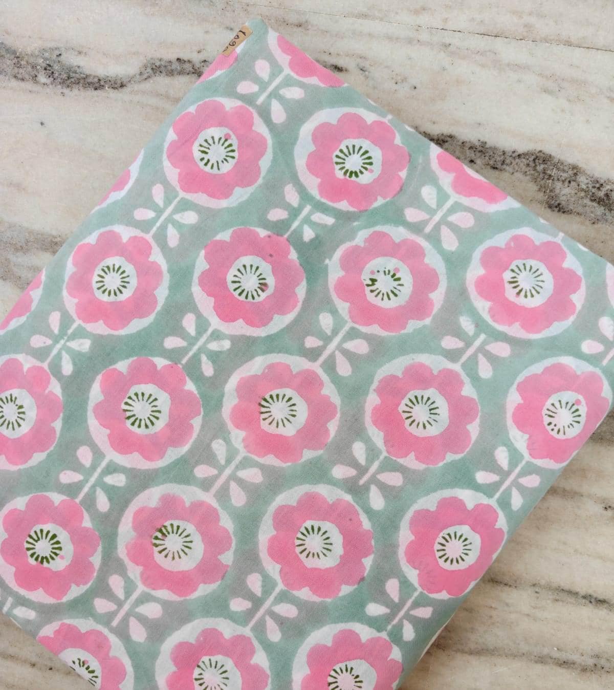 Pink Floral Cotton Fabric by the Yard, Hand Block Print Indian Fabric, Sage Green Boho Cotton Textile for Sewing Quilting Crafts, Home Decor