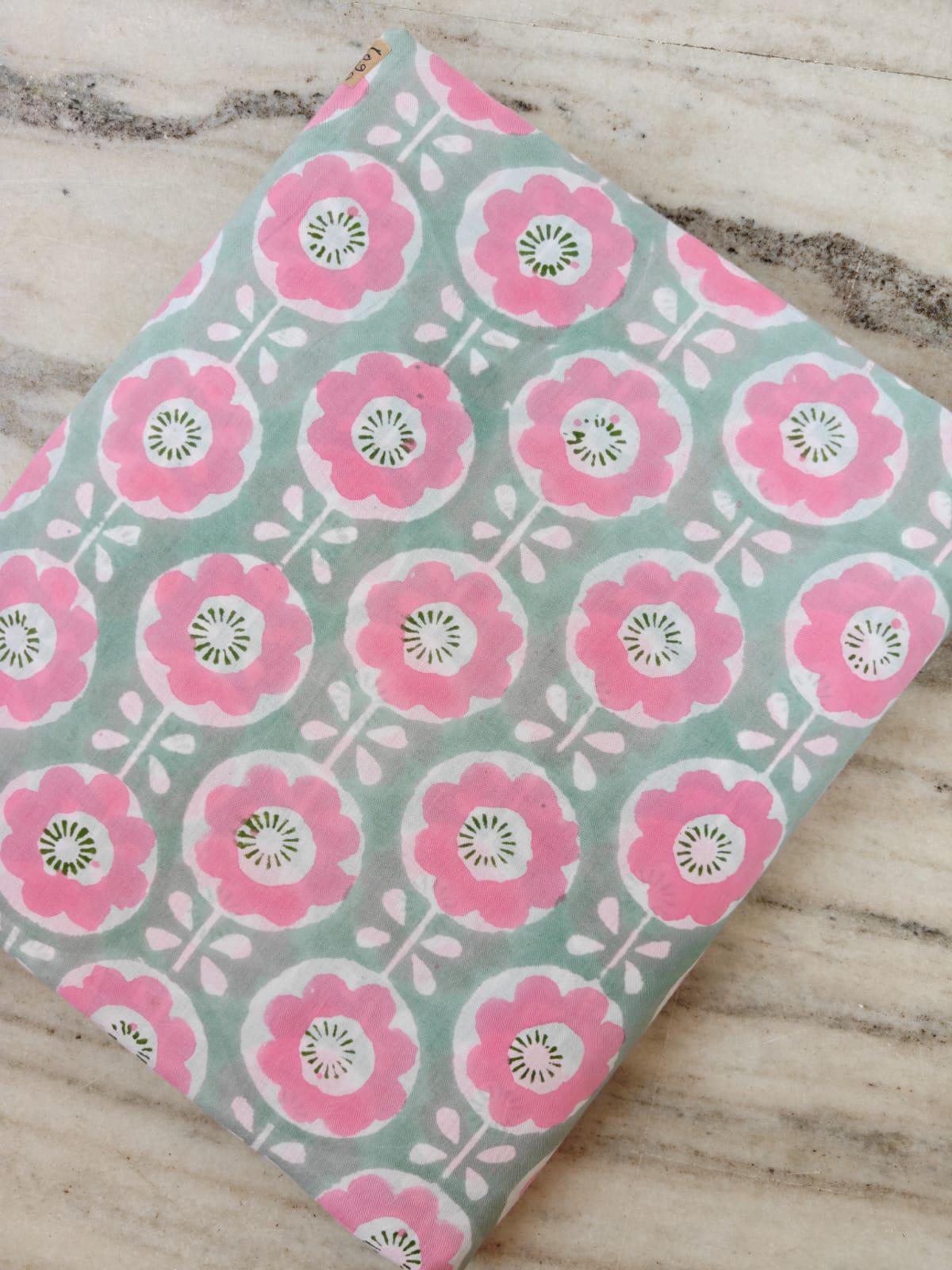 Pink Floral Cotton Fabric by the Yard, Hand Block Print Indian Fabric, Sage Green Boho Cotton Textile for Sewing Quilting Crafts, Home Decor