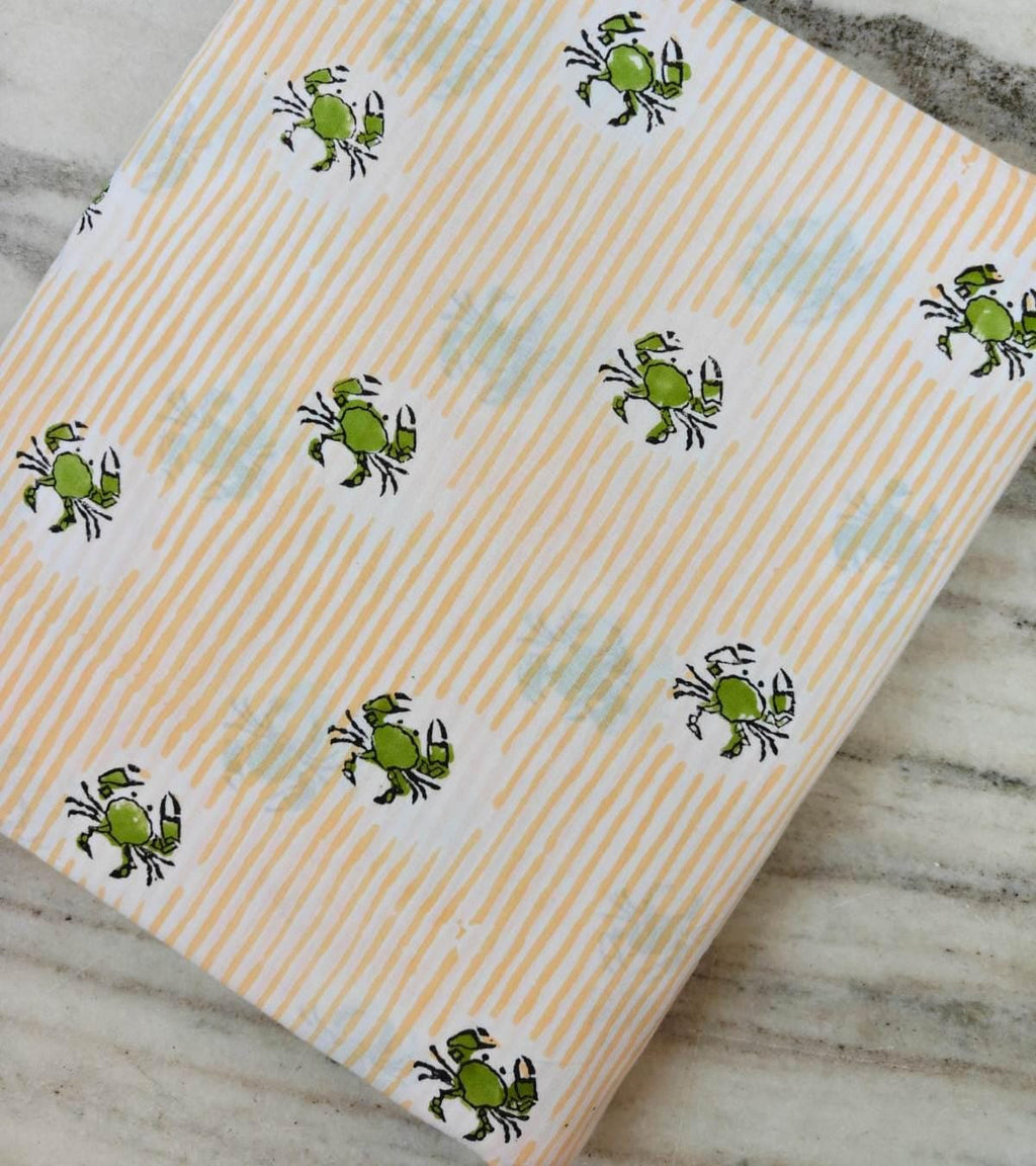 Crab Print Cotton Fabric by the Yard, Coastal Nautical Indian Block Print Fabric, Striped Cotton Textile for Sewing Quilting Crafts, Napkins