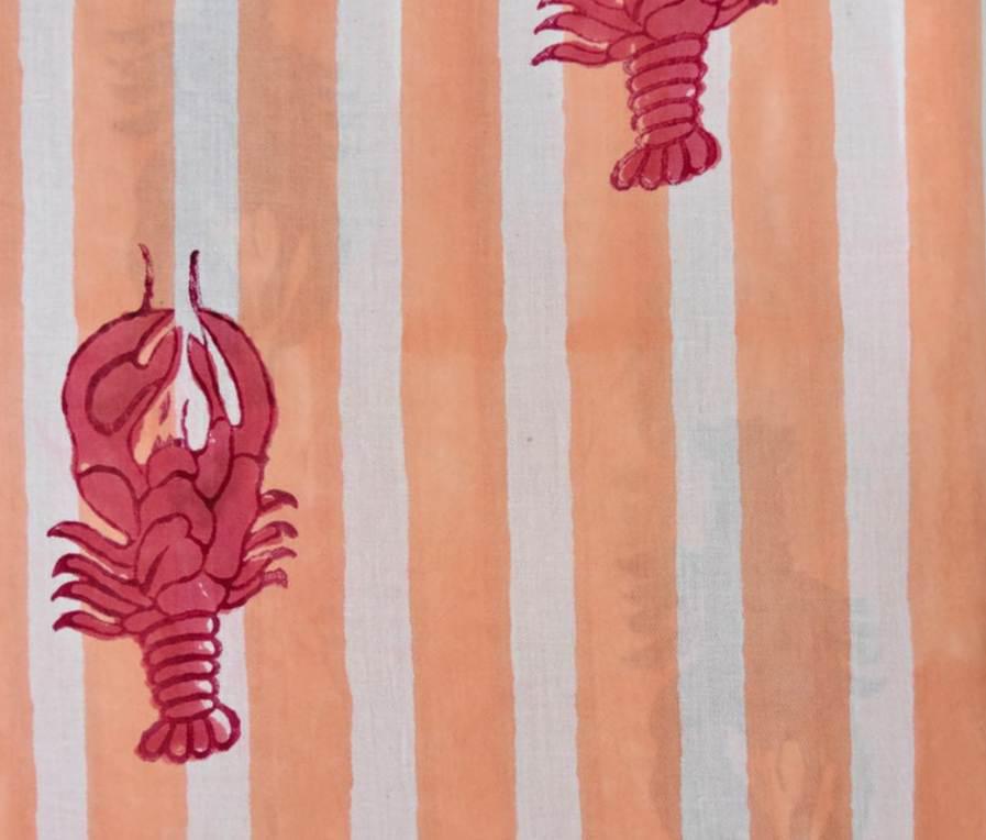 Peach Stripe Lobster Cotton Fabric | Nautical Seafood Print Fabric by the Yard | Coastal Summer Sewing Craft Fabric, Dress Making Fabric