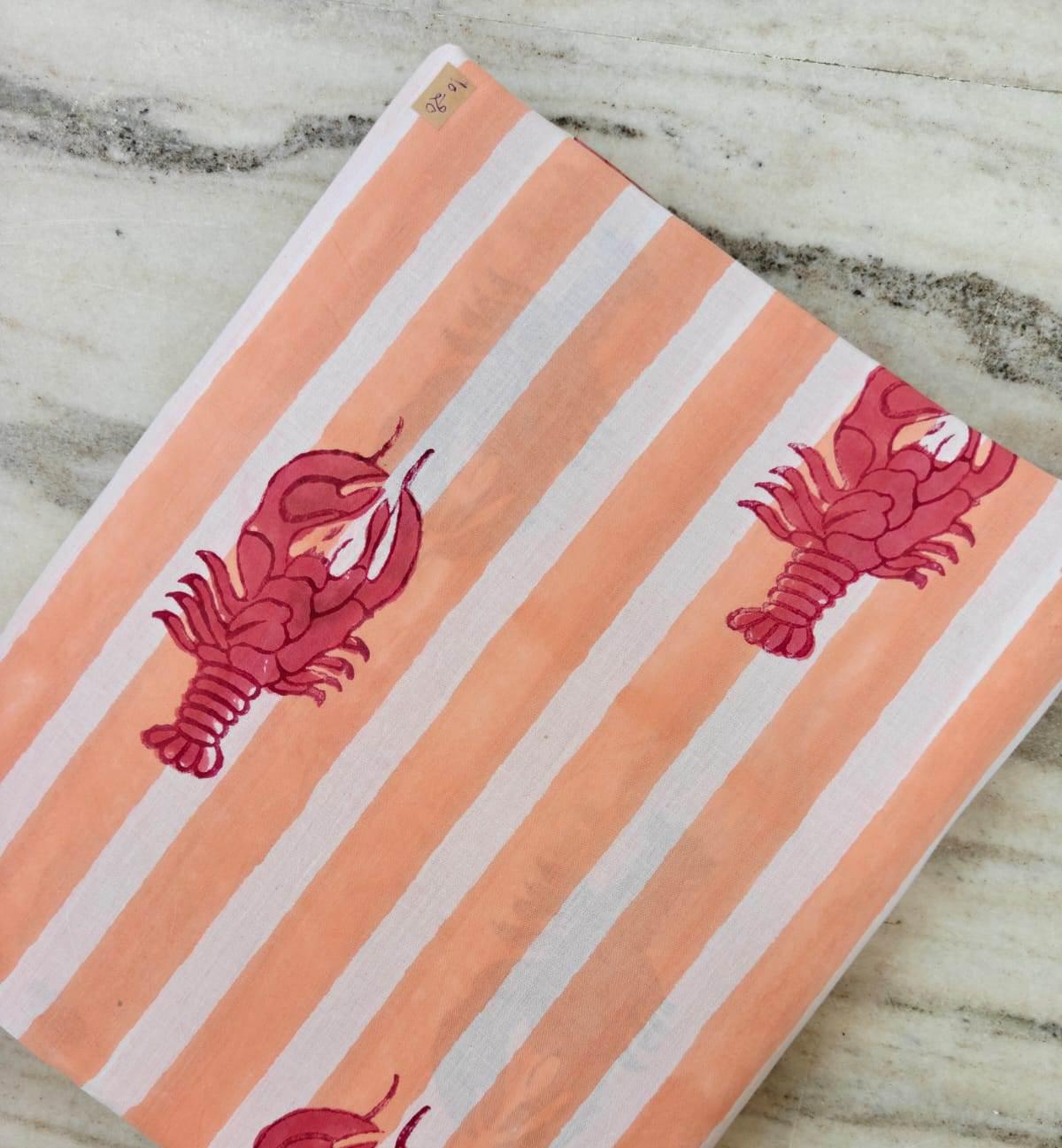 Peach Stripe Lobster Cotton Fabric | Nautical Seafood Print Fabric by the Yard | Coastal Summer Sewing Craft Fabric, Dress Making Fabric