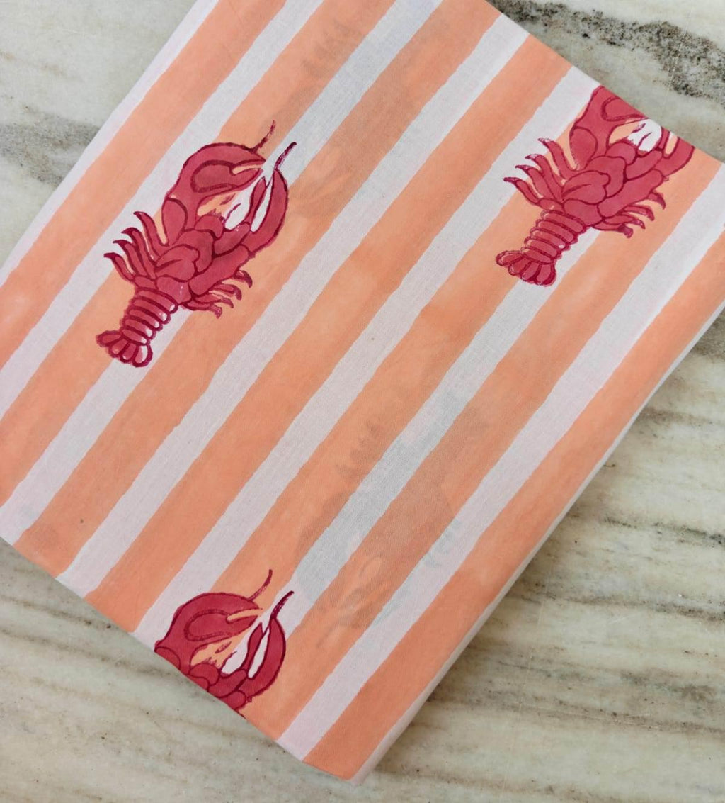Peach Stripe Lobster Cotton Fabric | Nautical Seafood Print Fabric by the Yard | Coastal Summer Sewing Craft Fabric, Dress Making Fabric