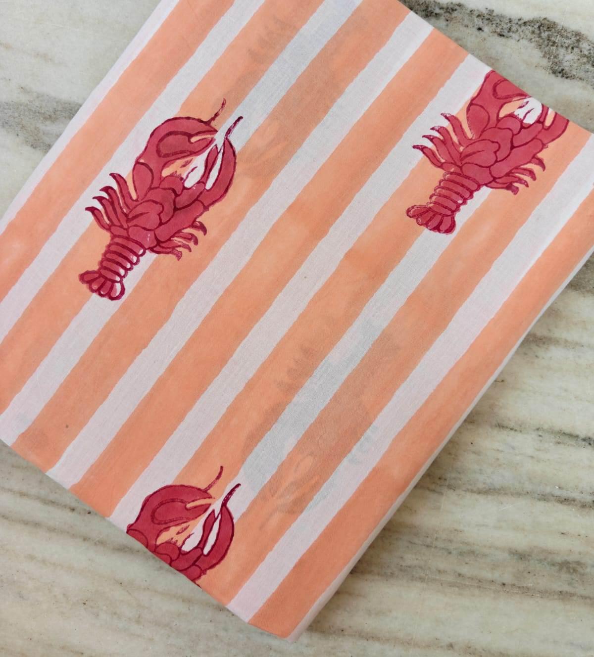 Peach Stripe Lobster Cotton Fabric | Nautical Seafood Print Fabric by the Yard | Coastal Summer Sewing Craft Fabric, Dress Making Fabric