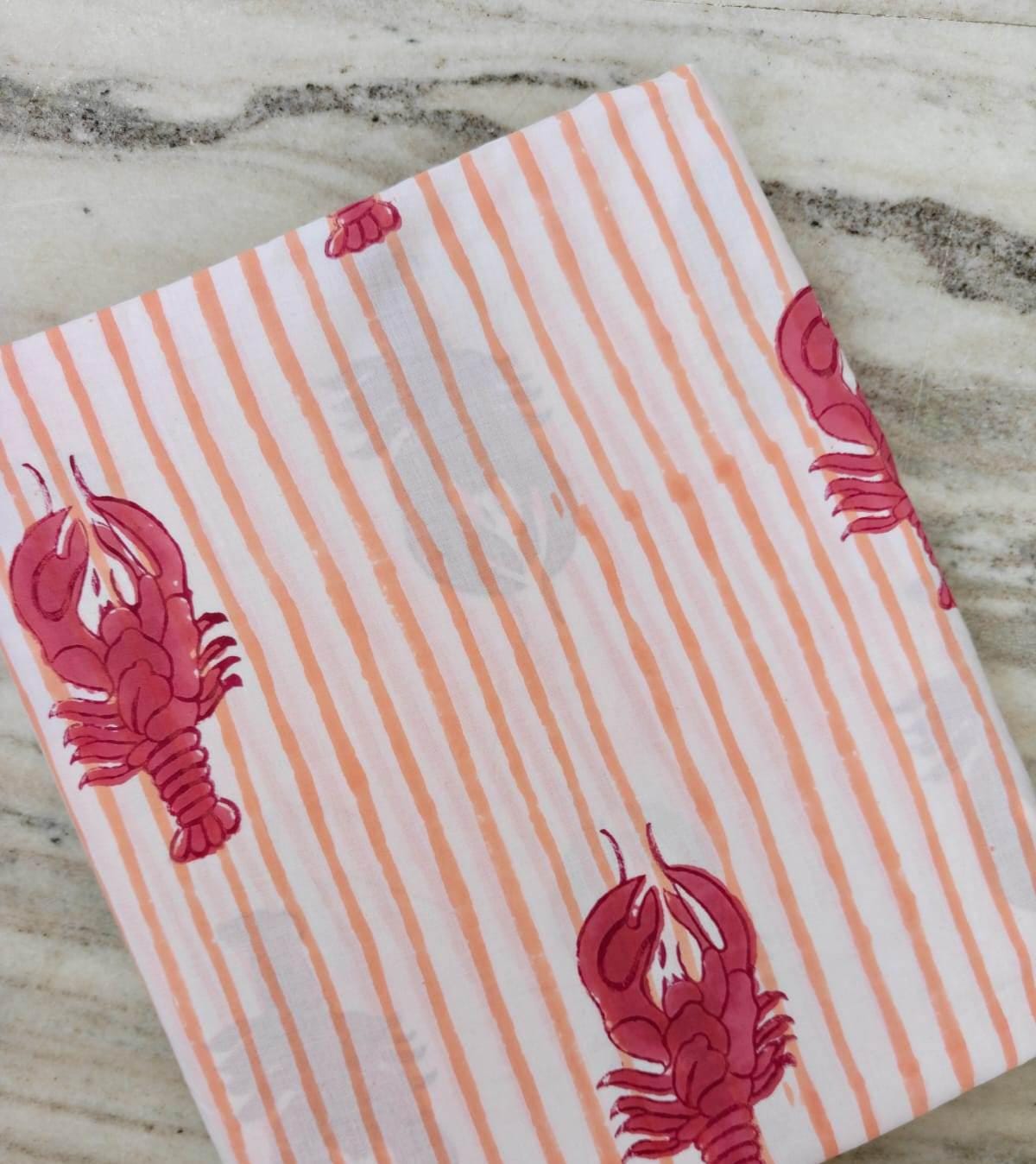Pink Stripe Lobster Cotton Fabric | Nautical Seafood Print Fabric by the Yard | Coastal Summer Sewing Craft Fabric, Dress Making Fabric