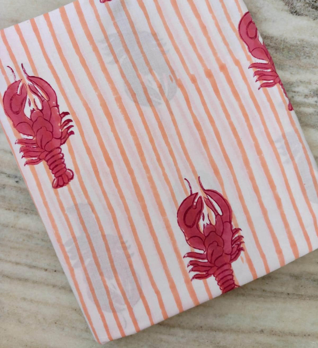Pink Stripe Lobster Cotton Fabric | Nautical Seafood Print Fabric by the Yard | Coastal Summer Sewing Craft Fabric, Dress Making Fabric