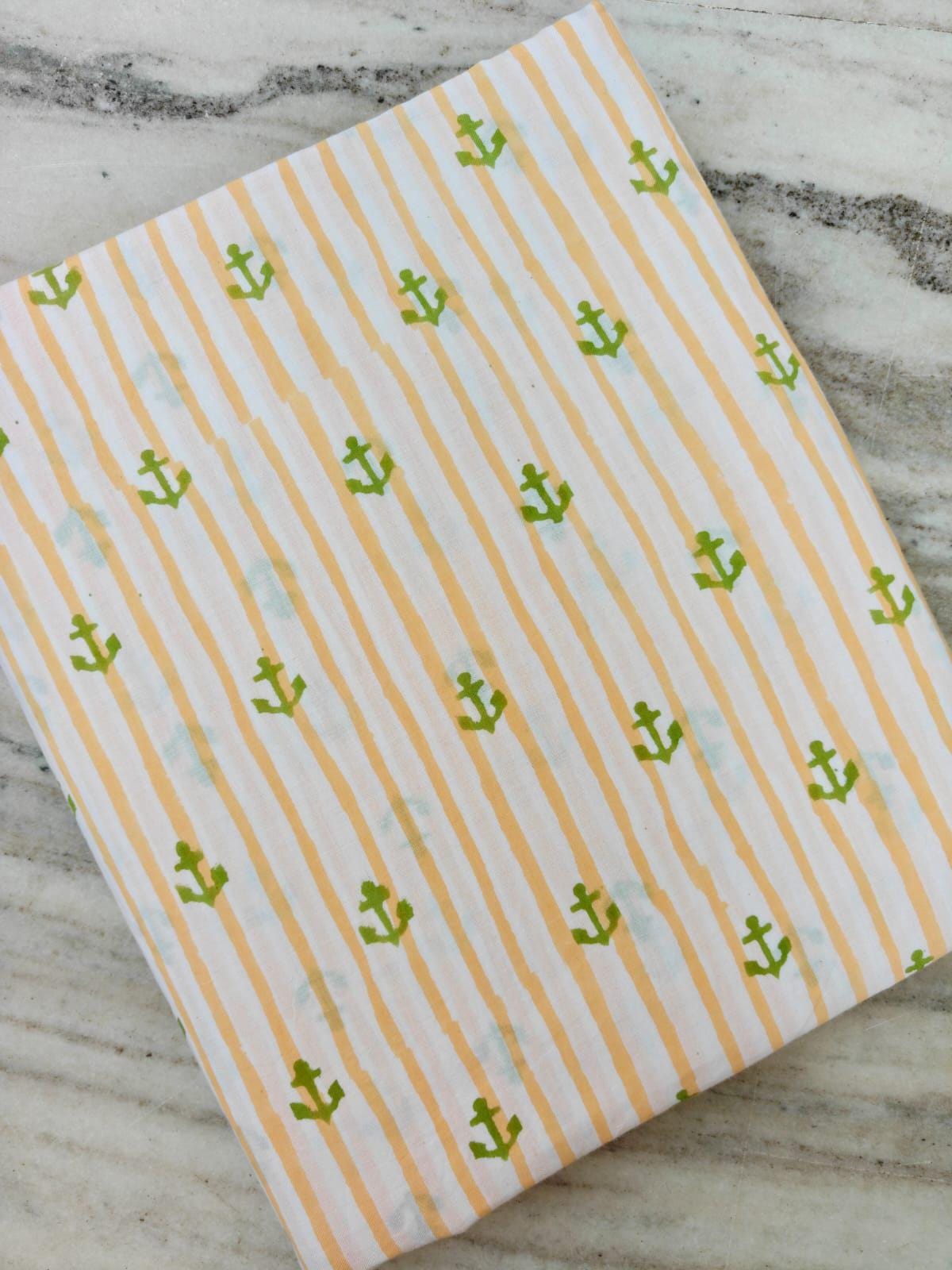 Hand Block Nautical Anchor Print Cotton Fabric, Yellow Stripe Marine Theme Cotton Cloth for Quilting, Sewing & Craft Projects, Dress Making