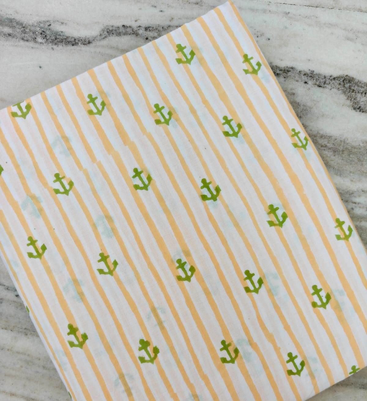 Hand Block Nautical Anchor Print Cotton Fabric, Yellow Stripe Marine Theme Cotton Cloth for Quilting, Sewing & Craft Projects, Dress Making