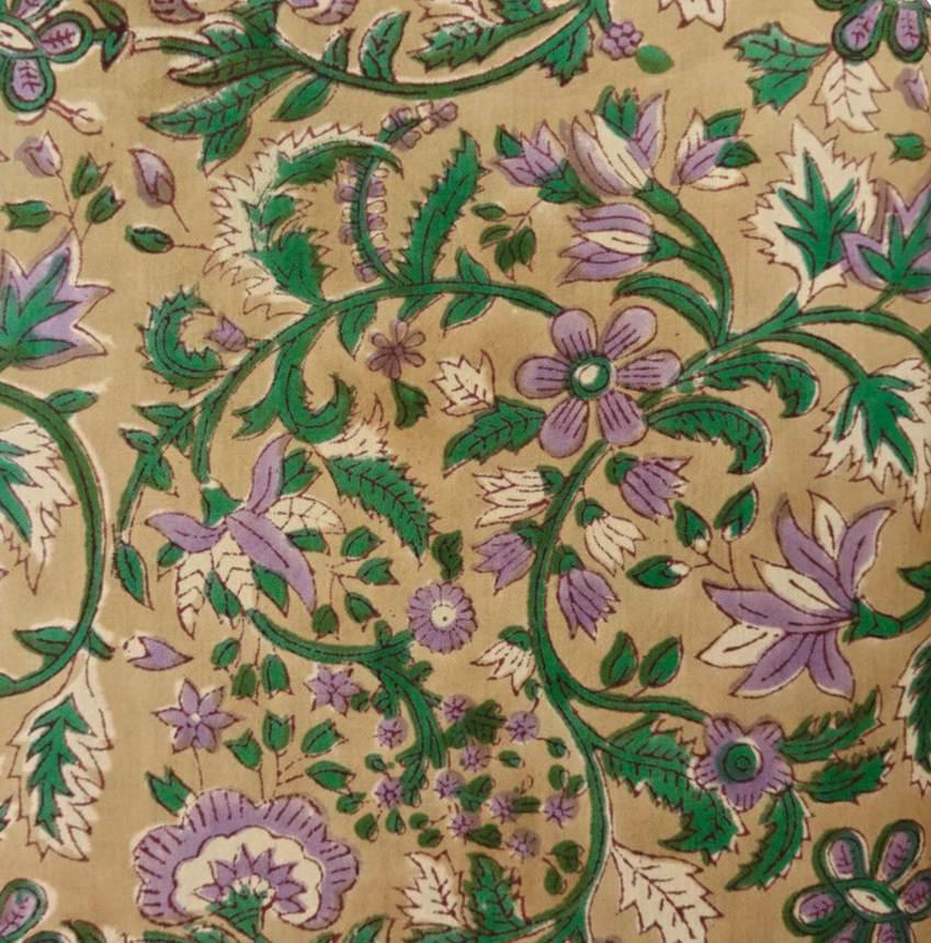 Beige Floral Hand Block Print Cotton Fabric by Yard, Indian Botanical Fabric for Quilting, Sewing, Dressmaking, Napkins Fabric, Loose Fabric