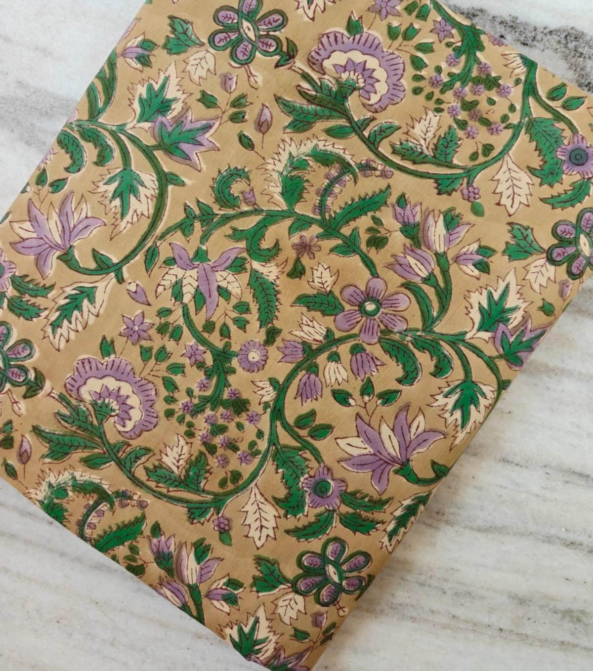 Beige Floral Hand Block Print Cotton Fabric by Yard, Indian Botanical Fabric for Quilting, Sewing, Dressmaking, Napkins Fabric, Loose Fabric