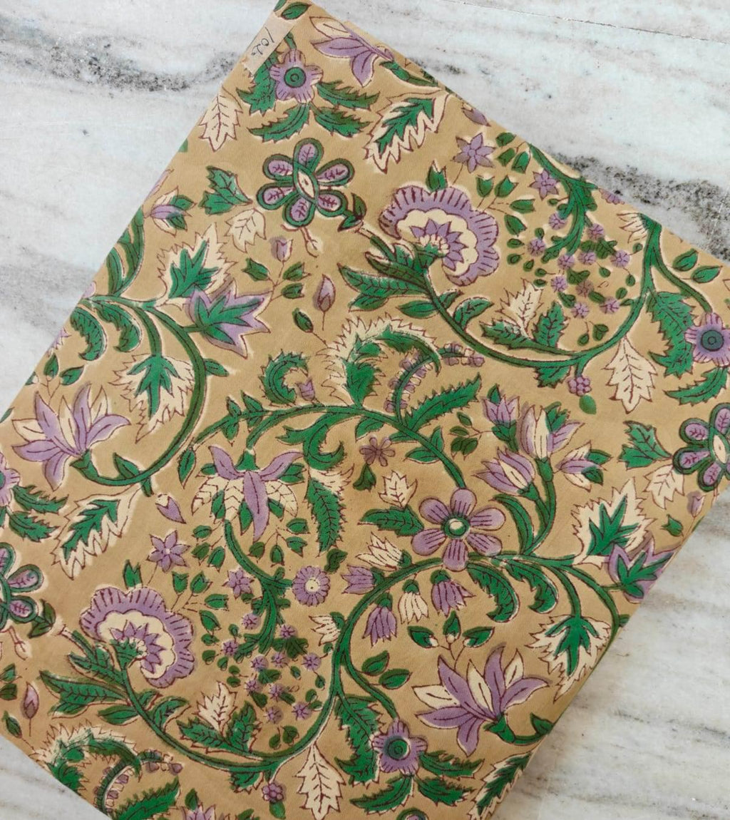 Beige Floral Hand Block Print Cotton Fabric by Yard, Indian Botanical Fabric for Quilting, Sewing, Dressmaking, Napkins Fabric, Loose Fabric