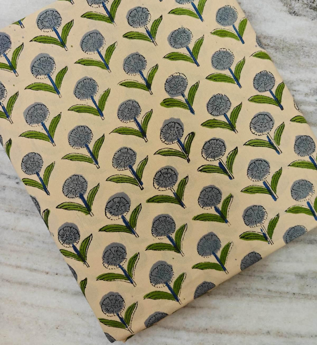 Grey Floral Hand Block Print Cotton Fabric by Yard, Indian Botanical Cotton Fabric for Sewing, Quilting, Dressmaking & Crafts, Home Decor