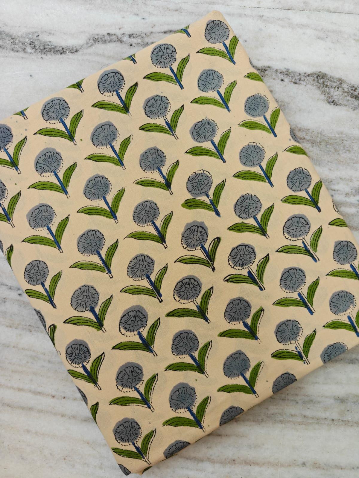 Grey Floral Hand Block Print Cotton Fabric by Yard, Indian Botanical Cotton Fabric for Sewing, Quilting, Dressmaking & Crafts, Home Decor
