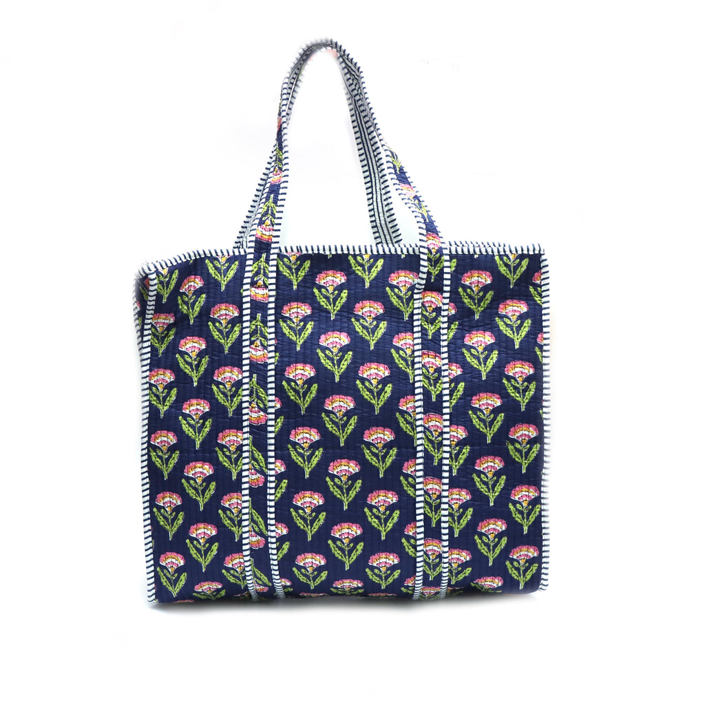 Quilted Floral Tote Bag, Handmade Cotton Carryall, Large Reusable Shopping Bag, Blue Block Print Tote, Everyday Shoulder Bag, Gift for Her